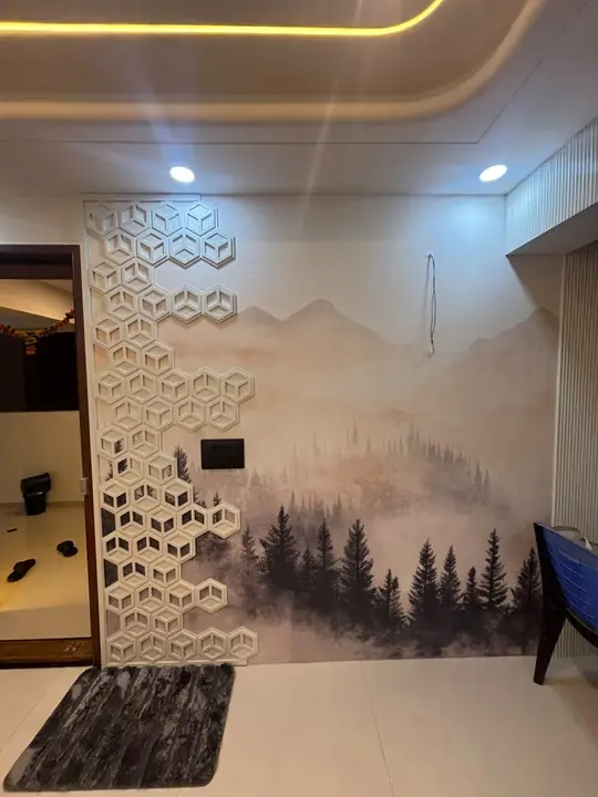 Hexagon jaali partition with misty forest wallpaper – VS Interiors, Wagholi