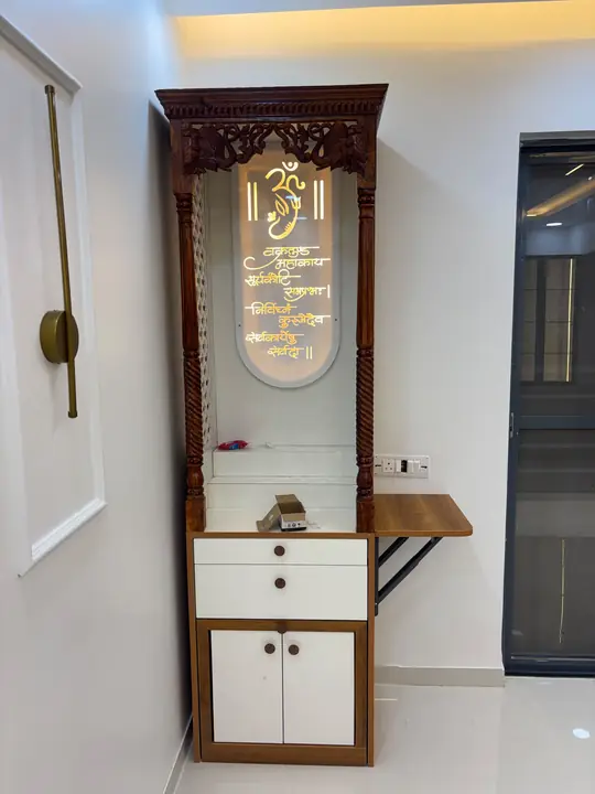 Carved wooden pooja unit with backlit Om panel – VS Interiors, Wagholi