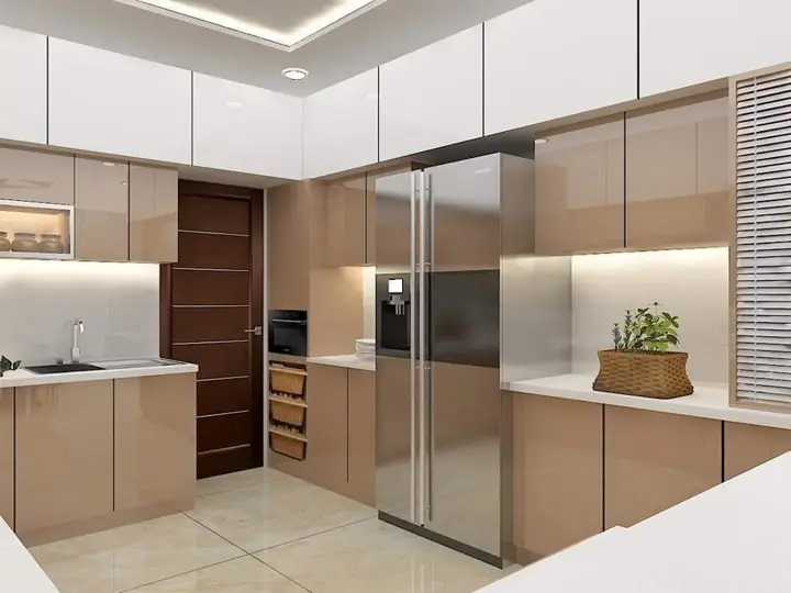 Champagne modular kitchen with tall units and built-in fridge – VS Interiors, Wagholi