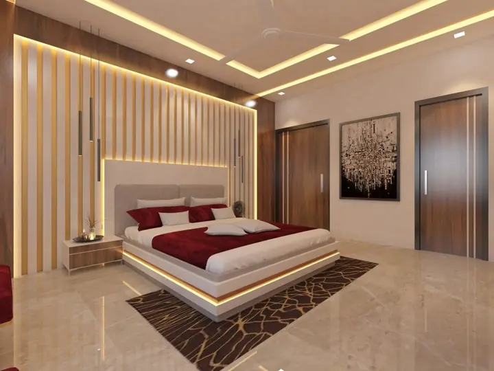 Master bedroom with fluted headboard wall and floating bed – VS Interiors, Wagholi