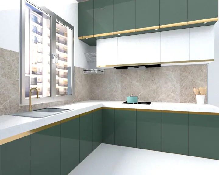 Sage green and white modular kitchen with gold trim – VS Interiors, Wagholi